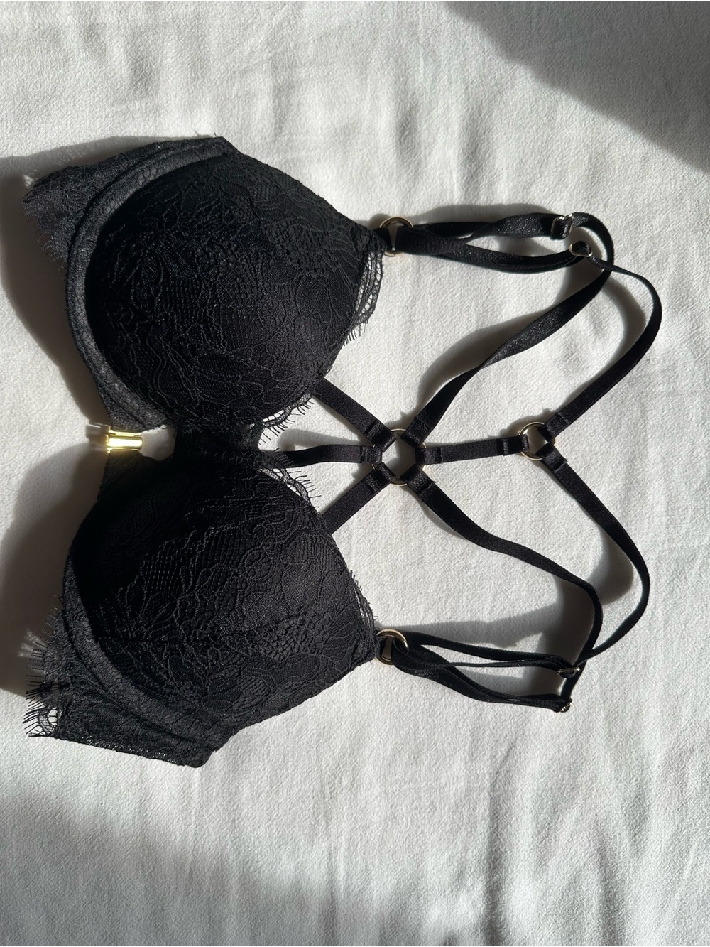 Victoria's Secret Black Lace Strappy Bra with Gold Hardware